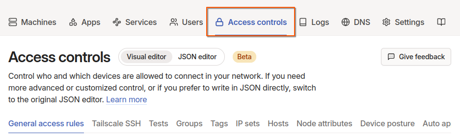 Tailscale Access Control 메뉴 위치